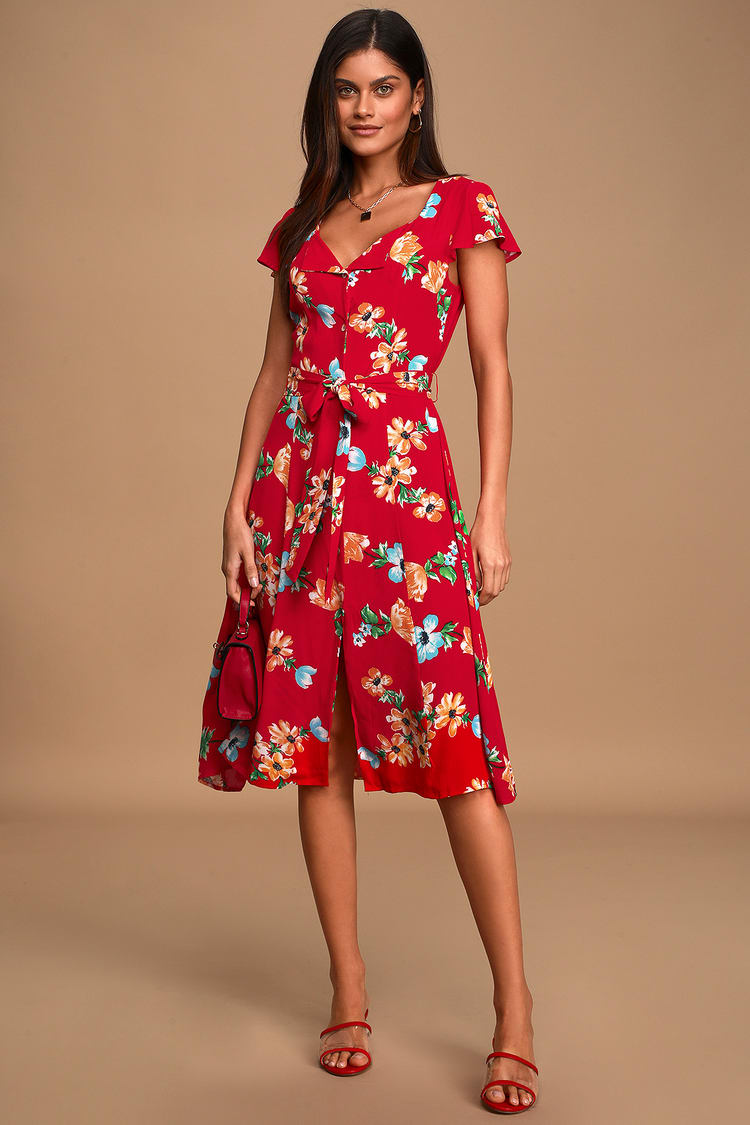 Specificitet Datter bud Cute Red Floral Dress - Button-Up Dress - Short Sleeve Midi Dress - Lulus