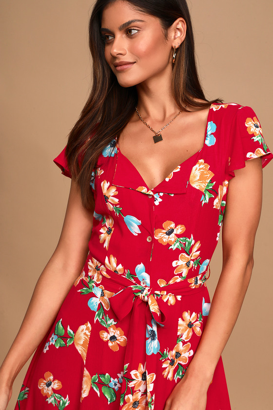 red floral button up dress