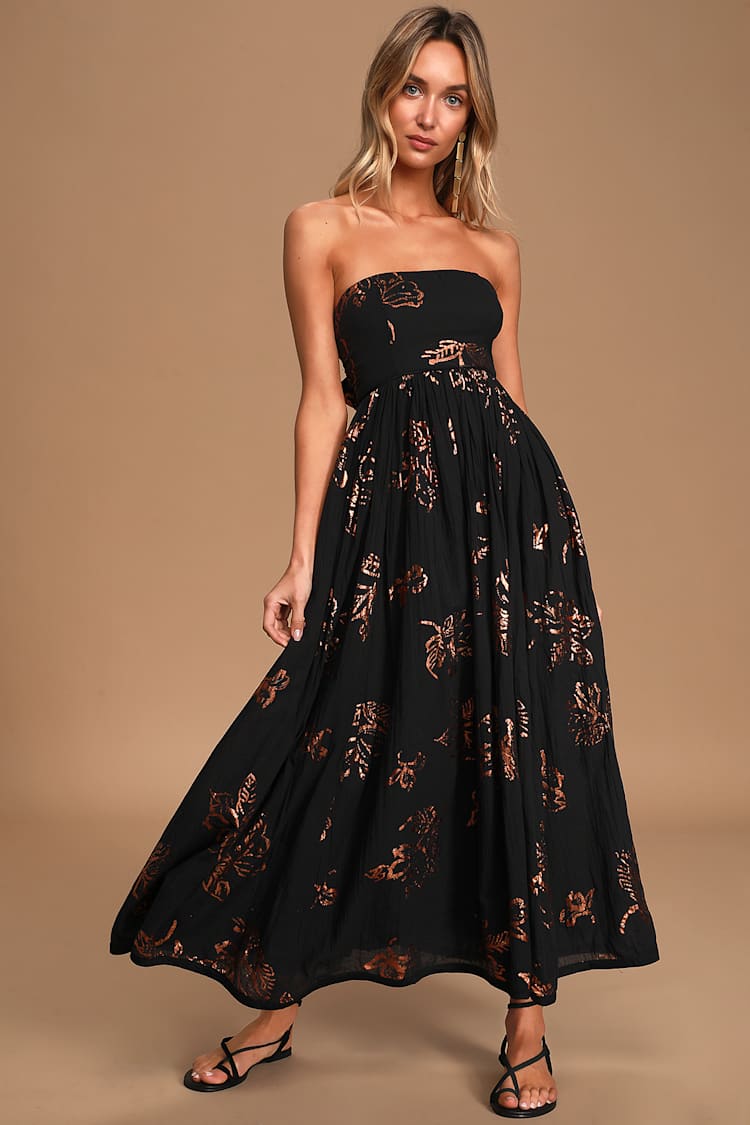 Free People Baja Babe - Black Floral Print Dress - Strapless Midi - Lulus