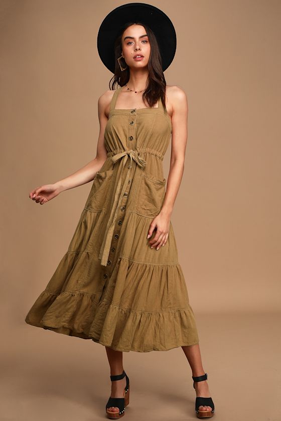 Catch the Breeze Tan Button-Front Drawstring Midi Dress 1
