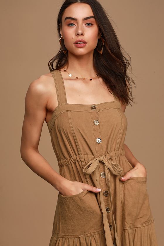 Catch the Breeze Tan Button-Front Drawstring Midi Dress 3