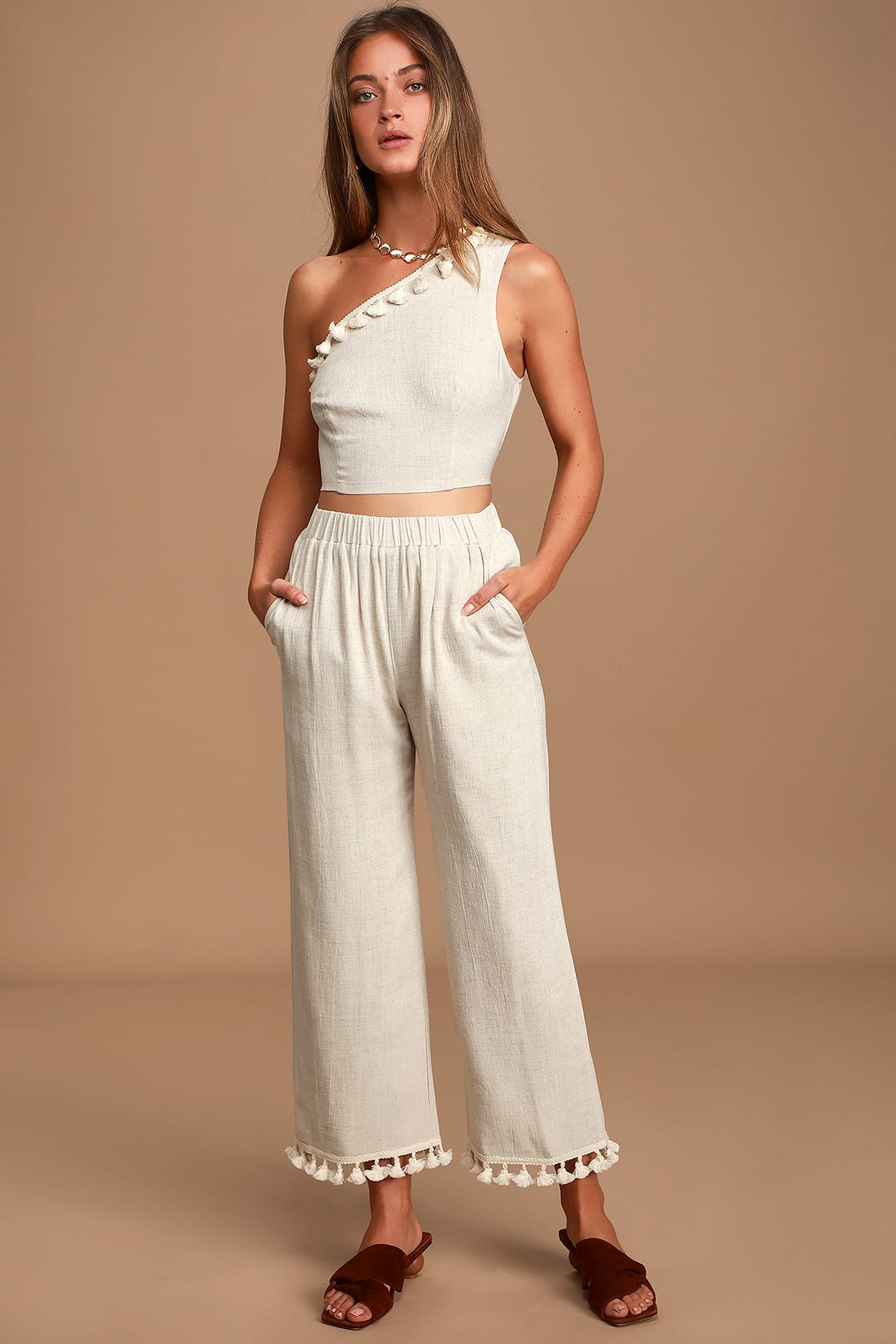 Line in the Sand Beige Wide-Leg Tassel Pants