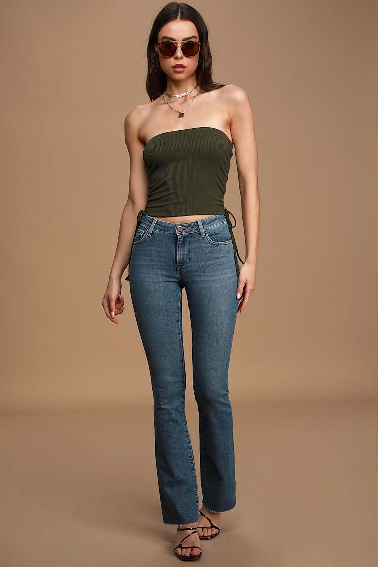 Show it Off Olive Green Ribbed Ruched Tube Top
