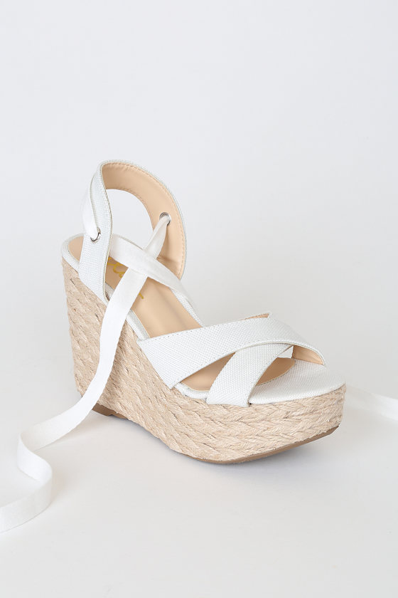 Esme White Lace-Up Espadrille Wedges - thumbnail 4