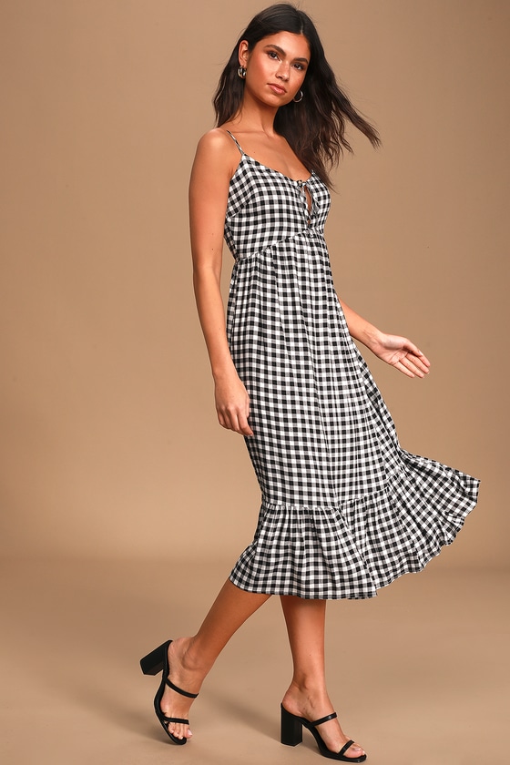 black and white gingham wrap dress