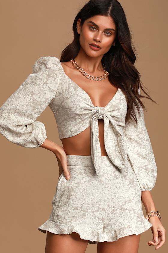 Emily Beige Jacquard Tie-Front Long Sleeve Crop Top 2