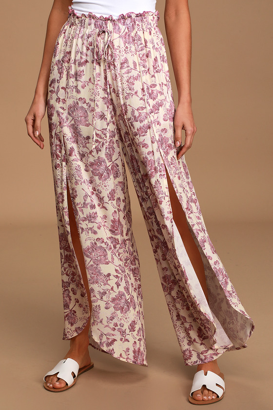 Cream Floral Print Pants - Side Slit Pants - Cute Wide-Leg Pants