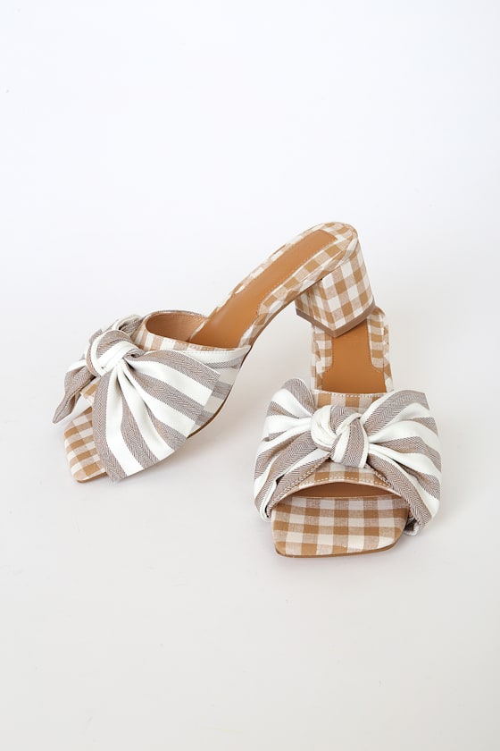 Bow Stripe Toffee Brown Gingham Knotted High Heel Slide Sandals 1