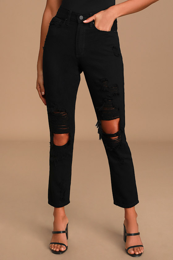 Black HighRise Jeans Super Destroyed Jeans Girlfriend Jeans Lulus