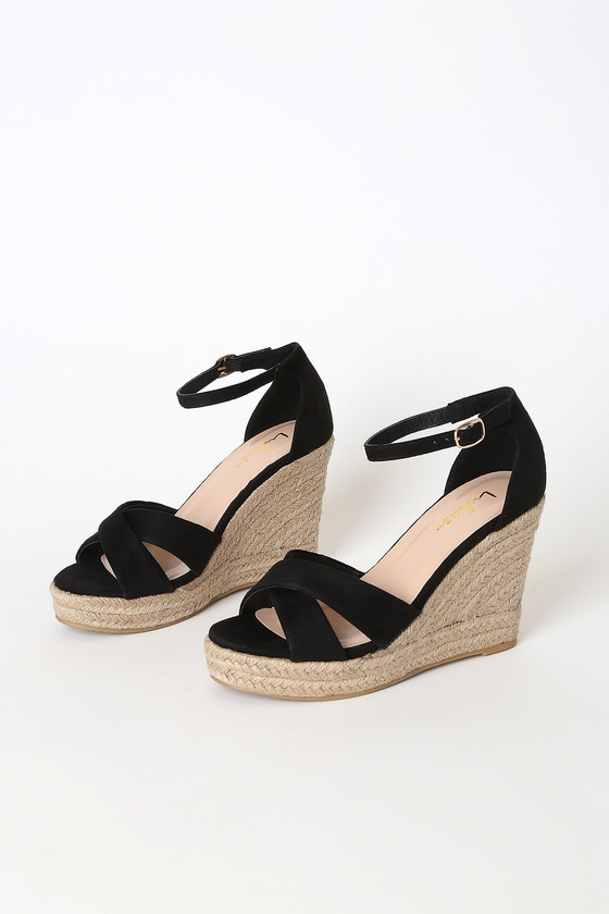 Cute Black Suede Wedges - Espadrille Wedges - Vegan Suede Heels - Lulus