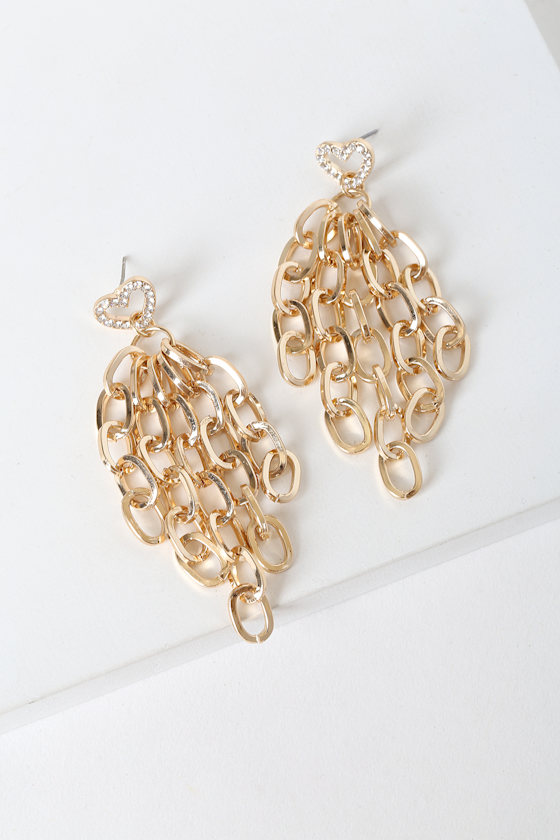 Cute Gold Rhinestone Earrings Heart Earrings Chain Earrings