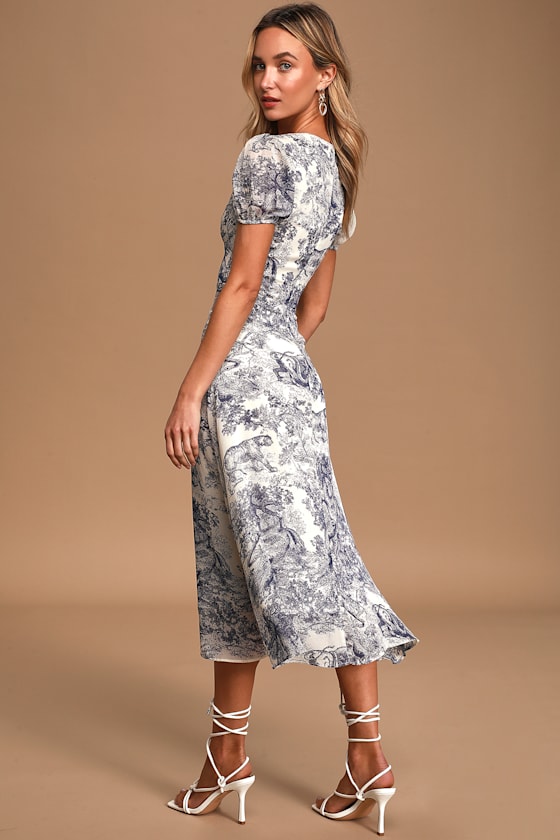 Cute Toile Midi Dress Blue and White Dress Puff Sleeve Midi Lulus