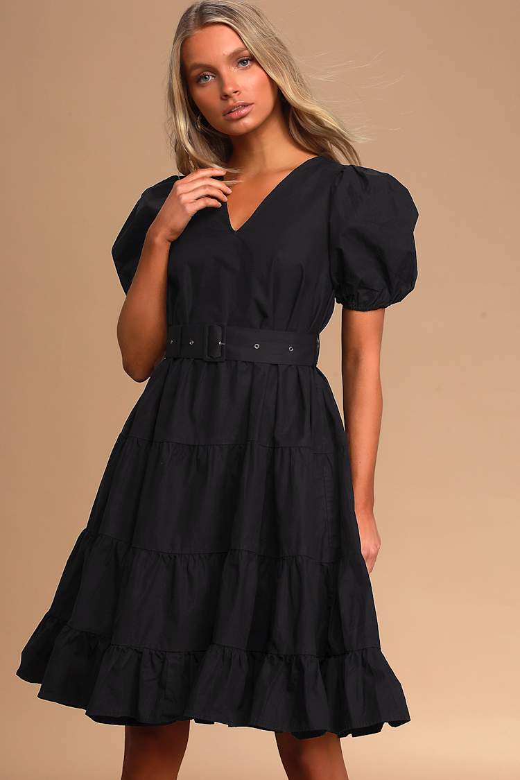 Cute Black Midi Dress - Puff Sleeve Midi - Belted Midi Dress - Lulus