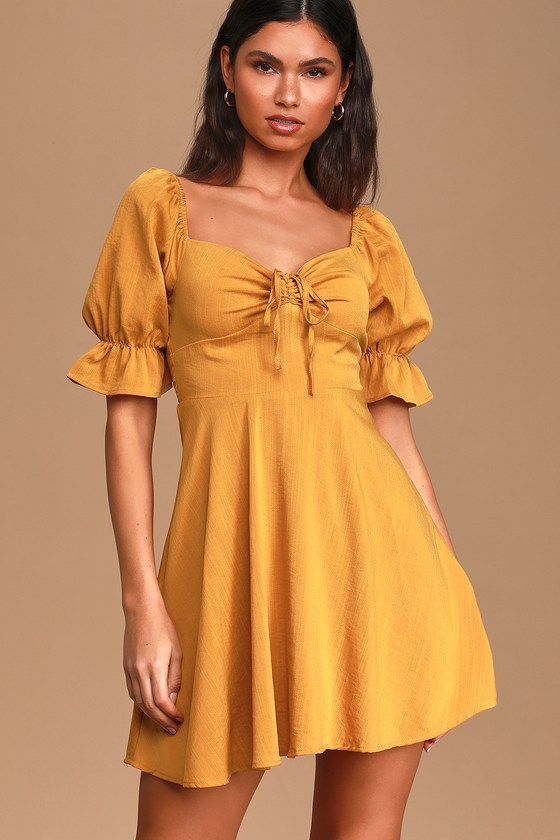 Puff Sleeve Dress - Mustard Yellow Mini ...