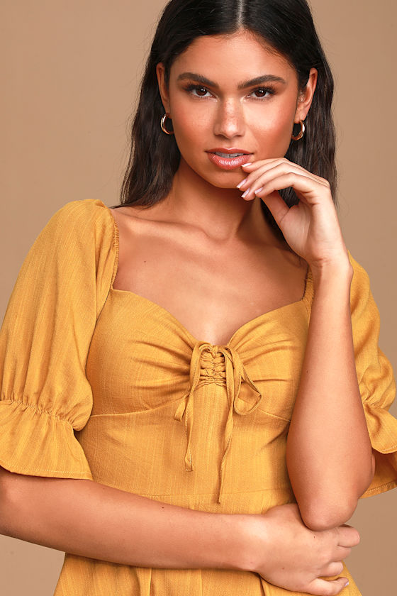 Elsie Mustard Yellow Puff Sleeve Mini Dress 3