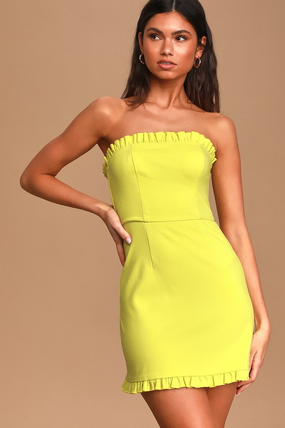 Lime Green Striped Dress - Neon Mini Dress - Strapless Dress - Lulus