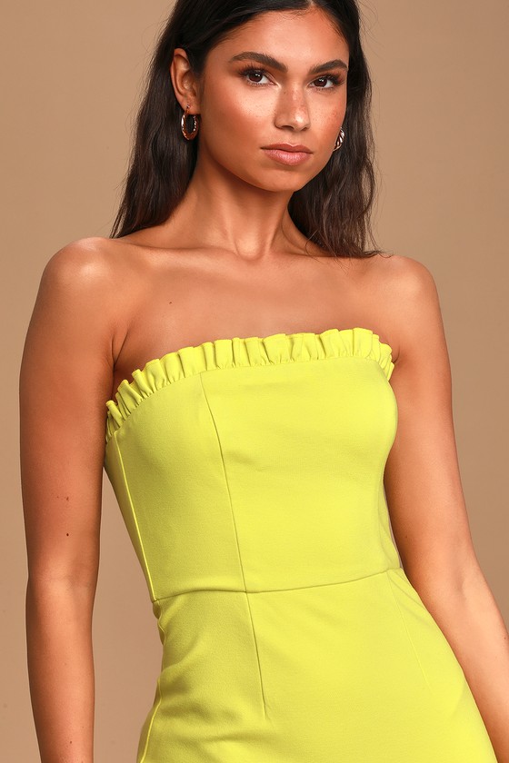 lime blue strapless ruched jumpsuit