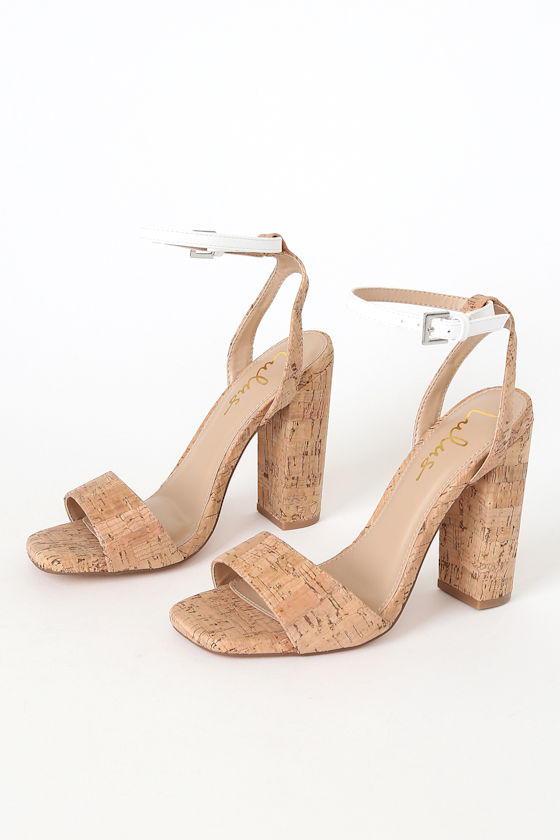 Lexy White Cork Ankle Strap Square-Toe High Heel Sandals 2