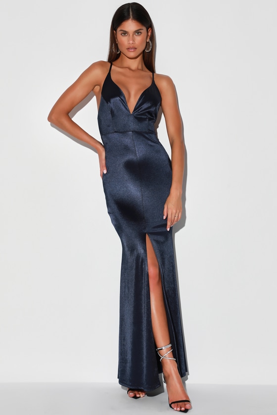 navy blue satin maxi dress