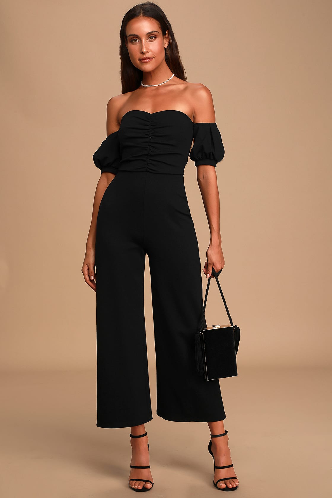 Impress Release Black Off-the-Shoulder Puff Sleeve Jumpsuit
