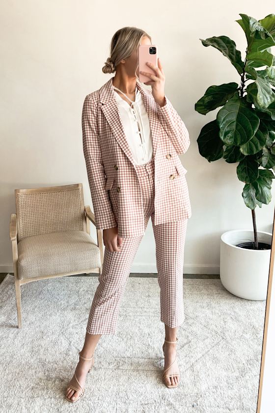 Look the Part Rusty Rose Gingham High-Waisted Trouser Pants 1