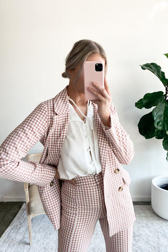 Look the Part Rusty Rose Gingham Double-Breasted Blazer 1