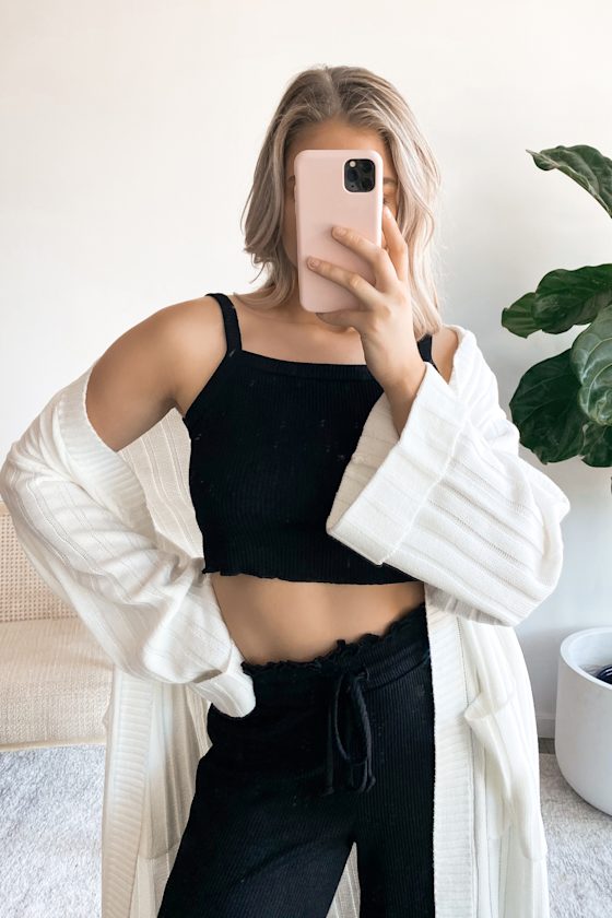 Lounge About Black Ribbed Lettuce-Edge Crop Top 1