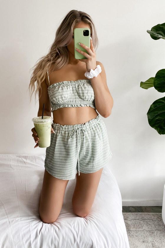 My Own Paradise Sage Green Gingham Two-Piece Romper