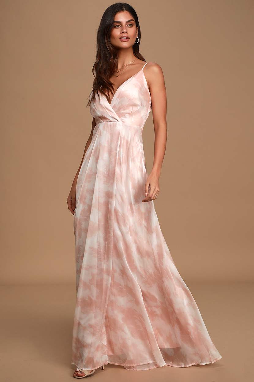 Blush Tie-Dye Dress - Faux Wrap Maxi - Chiffon Maxi Dress - Lulus