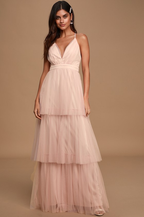 Light Blush Tulle Maxi Dress Backless Maxi Tiered Tulle Gown Lulus