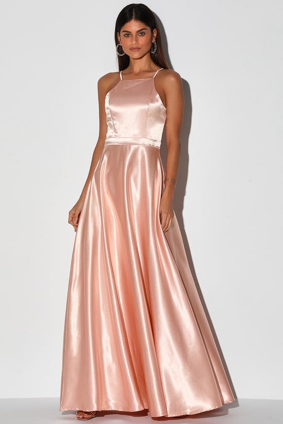 rose gold satin prom dress