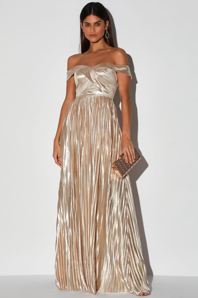 Champagne Maxi Dress Off The Shoulder Dress Pleated Gown Lulus