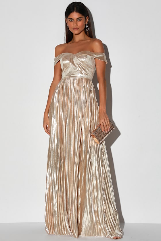 Elegant Glow Champagne Off-the-Shoulder Pleated Maxi Dress 1