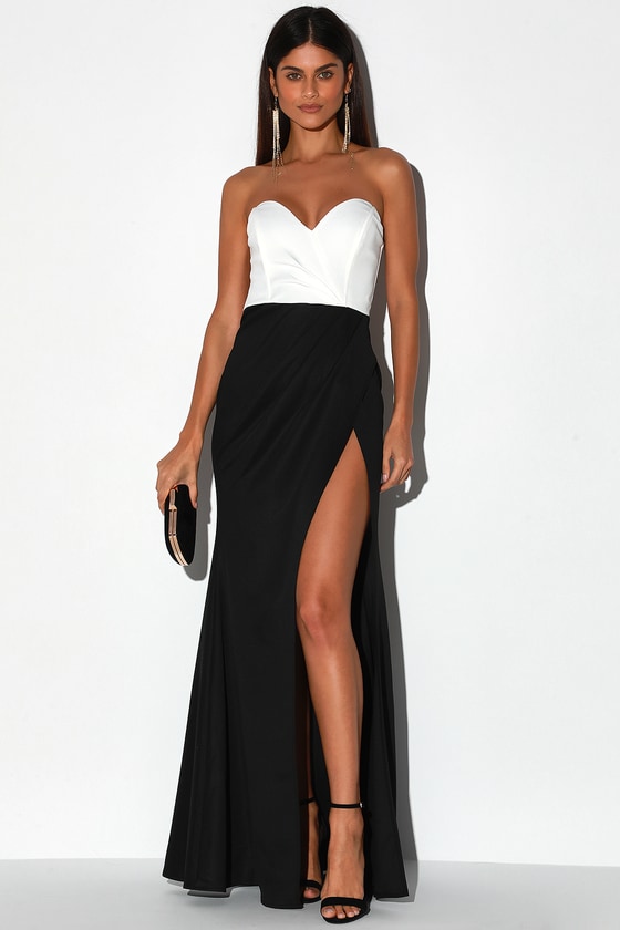 black and white strapless dress