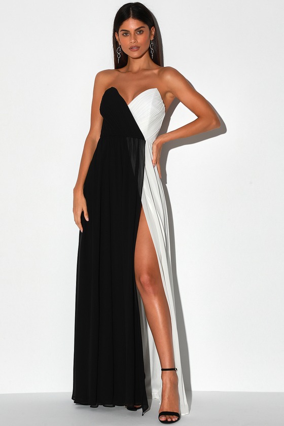 Black & White Satin Strapless A Line Double Slit Prom Dress With Side Split  Bow Back Modest Formal Evening Gown For Pageants And Parties From  Huifangzou, $85.81 | DHgate.Com