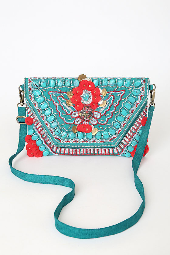 Journey Towards You Teal Blue Multi Beaded Pom Clutch 2