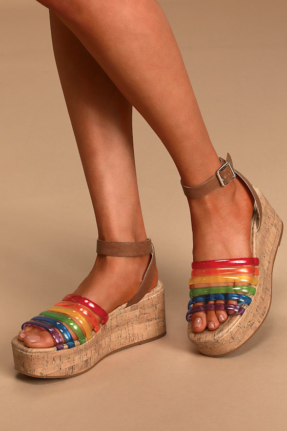 Sorry Not Sorry Pride Multi Rainbow Cork Wedge Sandals 1