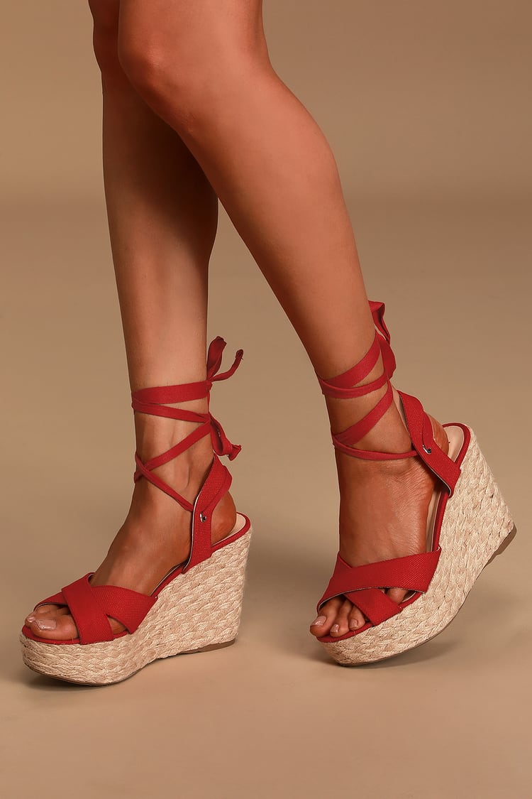 Wade let stang Stylish Red Wedges - Espadrille Wedges - Lace-Up Wedges - Lulus