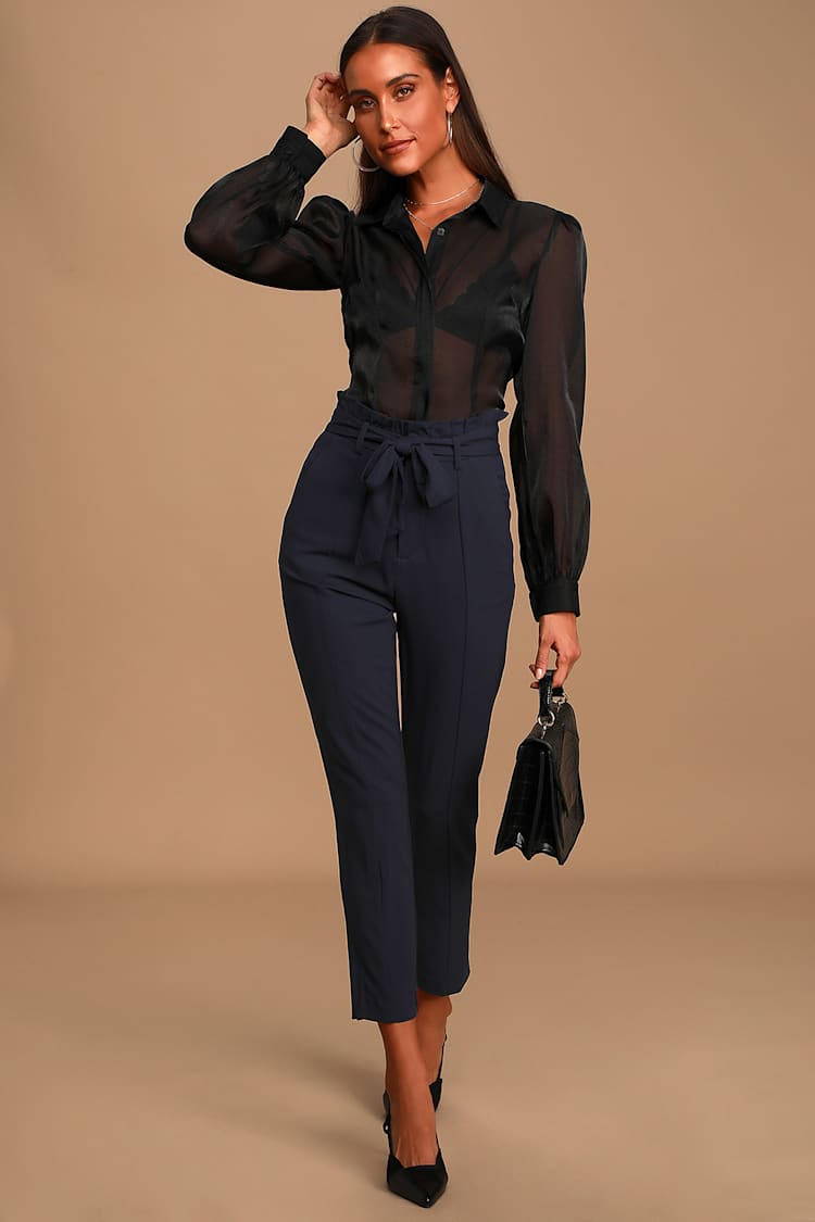 Chic Navy Blue Pants - Paper Bag Waist Pants - Navy Blue Trousers - Lulus