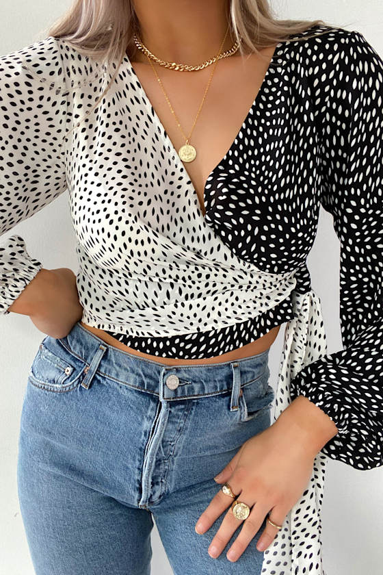 You Dot It Black and White Print Two-Tone Long Sleeve Wrap Top 1