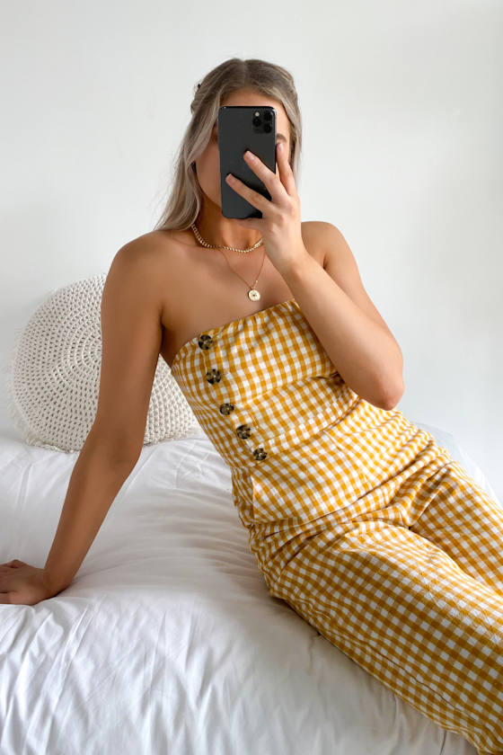 Yellow Gingham Jumpsuit Strapless Jumpsuit Culotte Jumpsuit Lulus