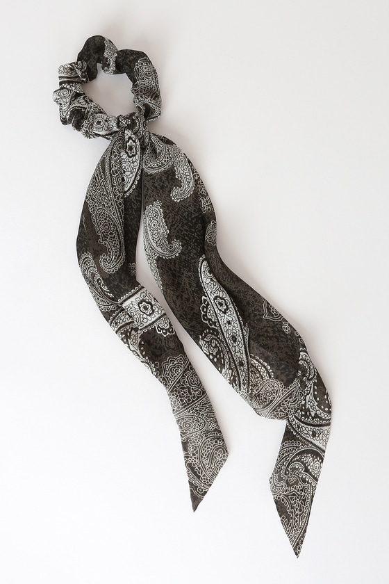 Olive Paisley Print Scarf Ponytail Holder - Scarf - Scrunchy - Lulus
