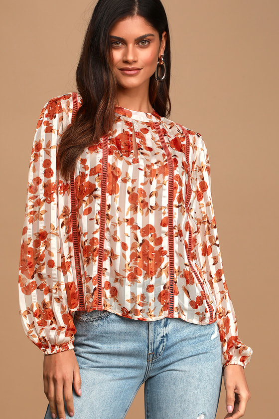 Pretty Orange Floral Print Sheer Blouse - Floral Long Sleeve Top - Lulus