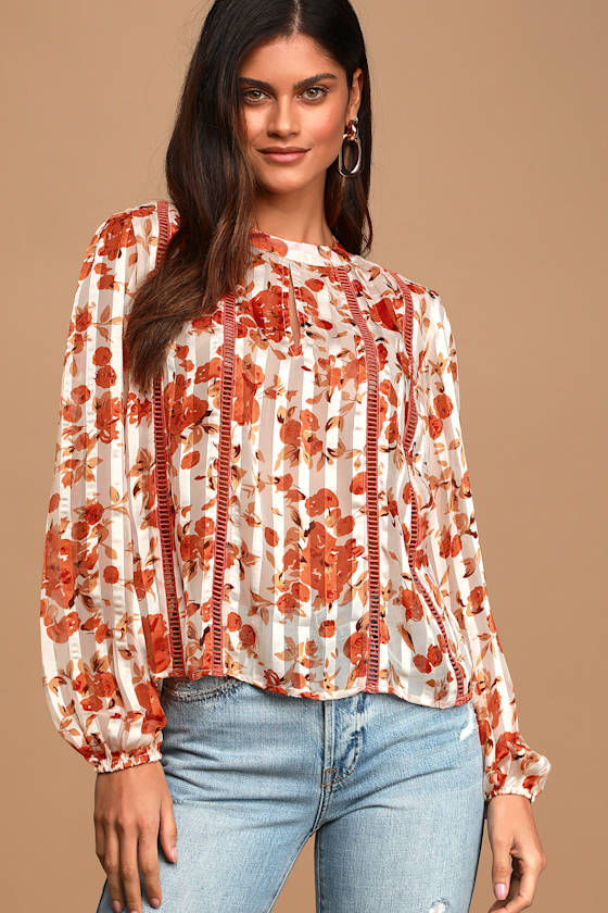 Pretty Orange Floral Print Sheer Blouse Floral Long Sleeve Top Lulus