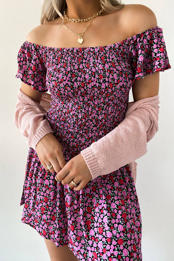 Such a Darling Black Floral Print Smocked Off-the-Shoulder Dress 1