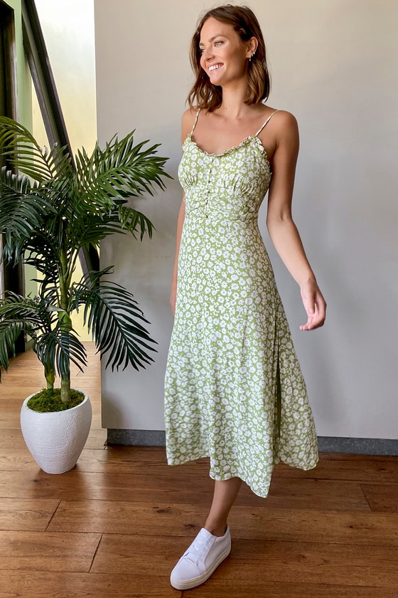 TIMELESS TOUCH GREEN FLORAL PRINT A-LINE MIDI DRESS