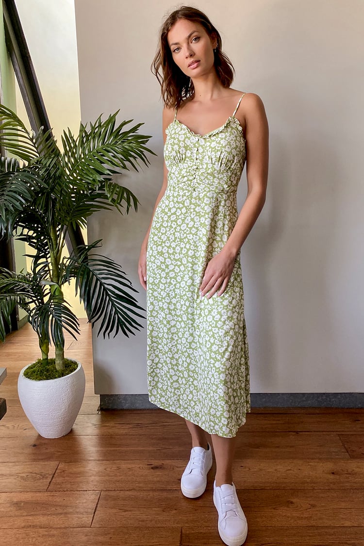 Lulus X LUSH - Green Floral Print A-Line Midi Dress - Sundress