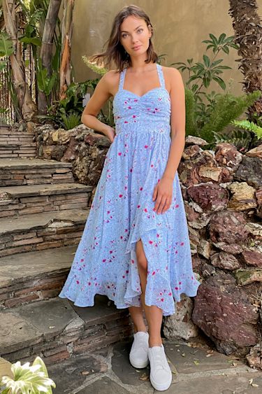 Afternoon Romance Dusty Blue Floral Print Ruffled Midi Dress