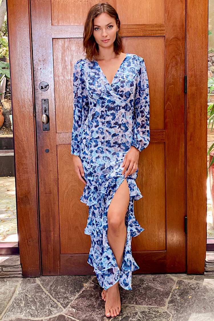 blue and white floral maxi dress long sleeve Stunning Print - Tiered Maxi Puff sleeve