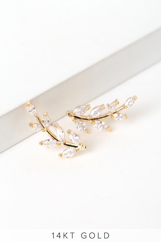 Pretty 14k Gold Rhinestone Earrings Vine Leaf Earrings Lulus
